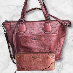 Coach 2Pc set Mickie grain leather Satchel in Metallic Cherry matching wallet